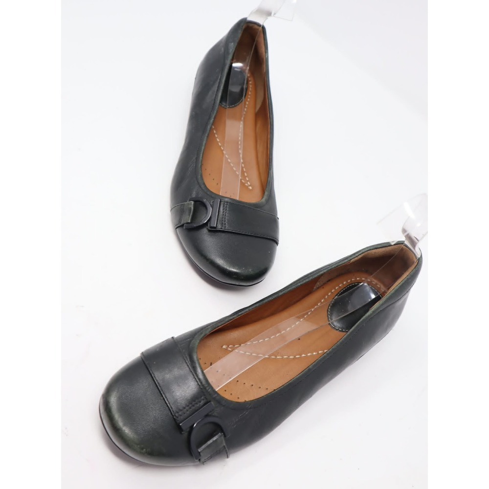 Black Leather Wedge Heels 6.5 Clarks Womens Buckle Round Toe Comfort Shoes